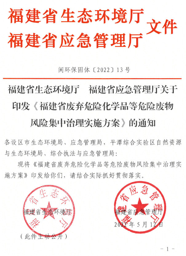 《福建省废弃危险化学品等危险废物风险集中治理实施方案》印发！(图1)