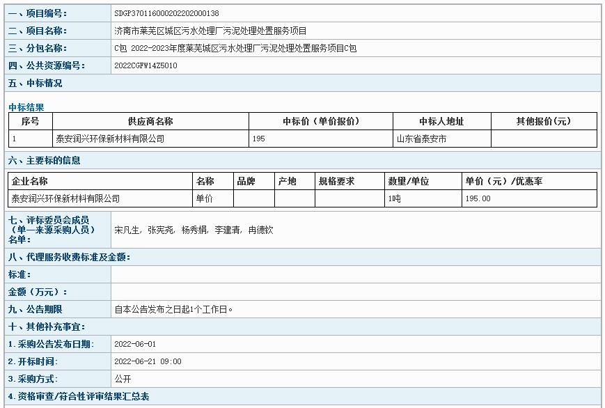 195元/吨 济南市莱芜区城区污水处理厂污泥处理处置服务项目C包中标公告(图1)