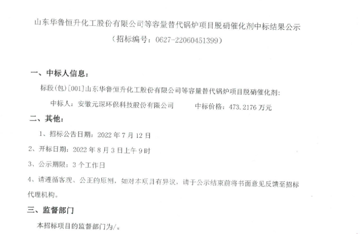 山东华鲁恒升化工股份有限公司等容量替代锅炉项目脱硝催化剂中标结果公示(图1)